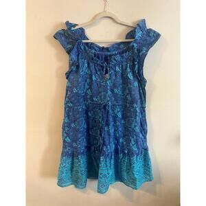 NWT La Plage Blue Floral Pattern Ruffle Sleeves‎ Sleeveless Dress Size Large